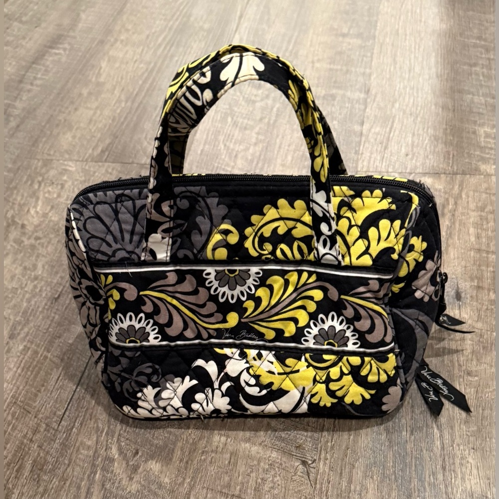 Vera Bradley, Baroque, pattern, yellow, black, and white lunch box /makeup case